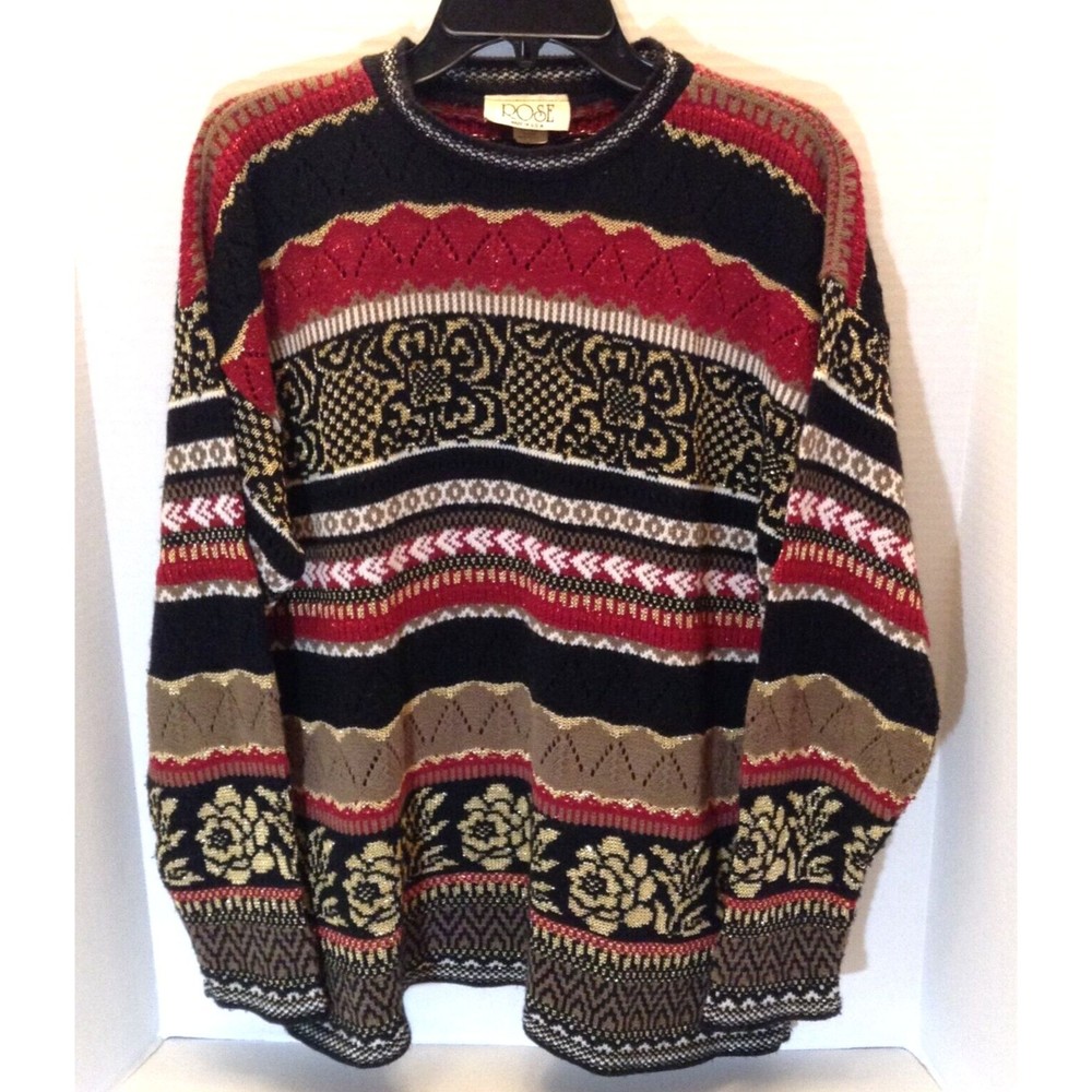 VTG Fair Isle Sweater Womens L Festive Holiday Christmas Floral Granny Boho USA